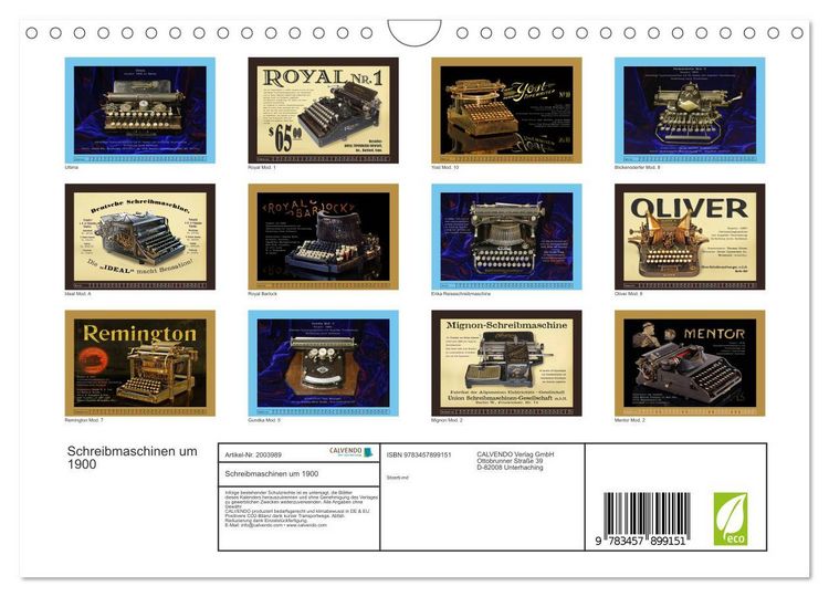Produktbild: Schreibmaschinen um 1900 (Wandkalender 2026 DIN A4 quer), CALVENDO Monatskalender