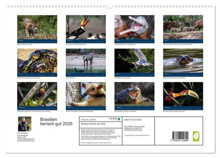 Produktbild: Brasilien tierisch gut 2026 (hochwertiger Premium Wandkalender 2026 DIN A2 quer), Kunstdruck in Hochglanz