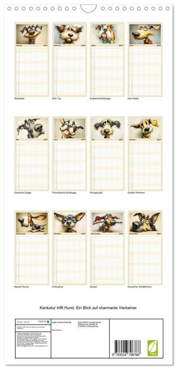 Produktbild: Familienplaner 2027 - Karikatur trifft Hund. Ein Blick auf charmante Vierbeiner mit 5 Spalten (Wandkalender, 21 x 45 cm) CALVENDO