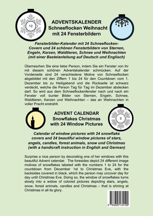 Produktbild: Adventskalender Schneeflocken Weihnacht 24 Fensterbildern - Advent Calendar Snowflakes Christmas with 24 Window Pictures