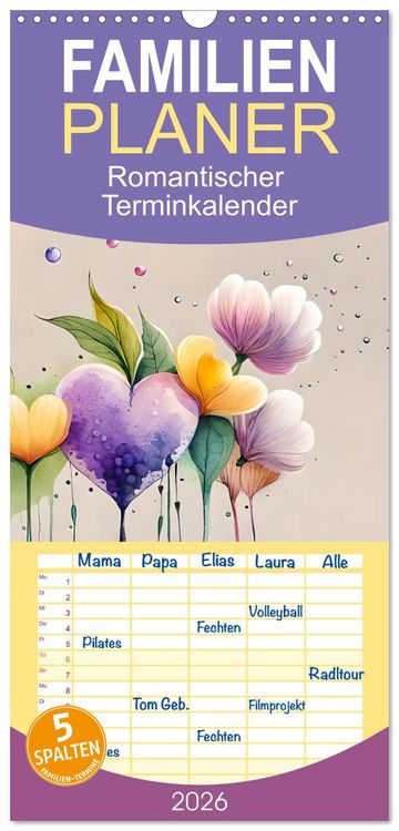 Produktbild: Familienplaner 2026 - Romantischer Terminkalender mit 5 Spalten (Wandkalender, 21 x 45 cm) CALVENDO