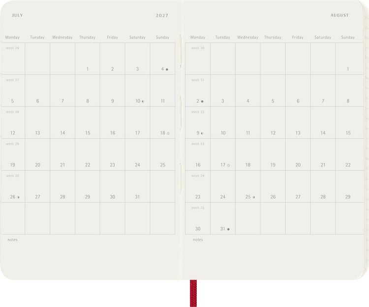 Produktbild: Moleskine 12 Monate Wochen Notizkalender 2027, Pocket/A6, 1 Wo = 1 Seite, rechts linierte Seite, Weicher Einband, Scharlachrot