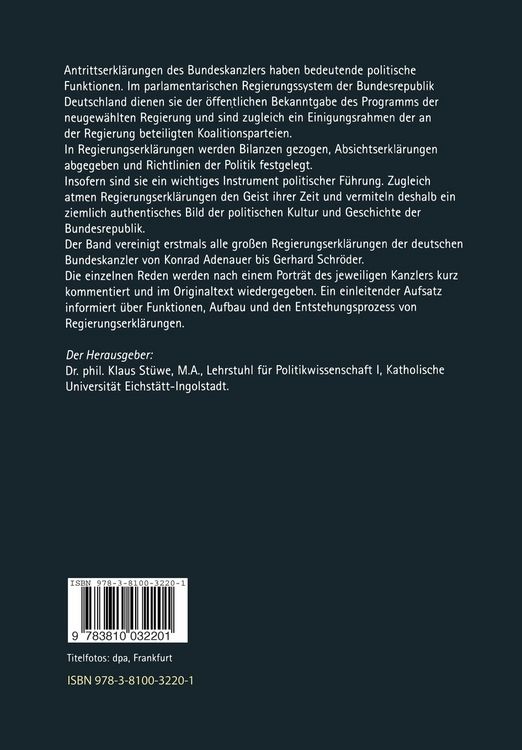 Produktbild: Die gro&szlig;en Regierungserkl&auml;rungen der deutschen Bundeskanzler von Adenauer bis Schr&ouml;der
