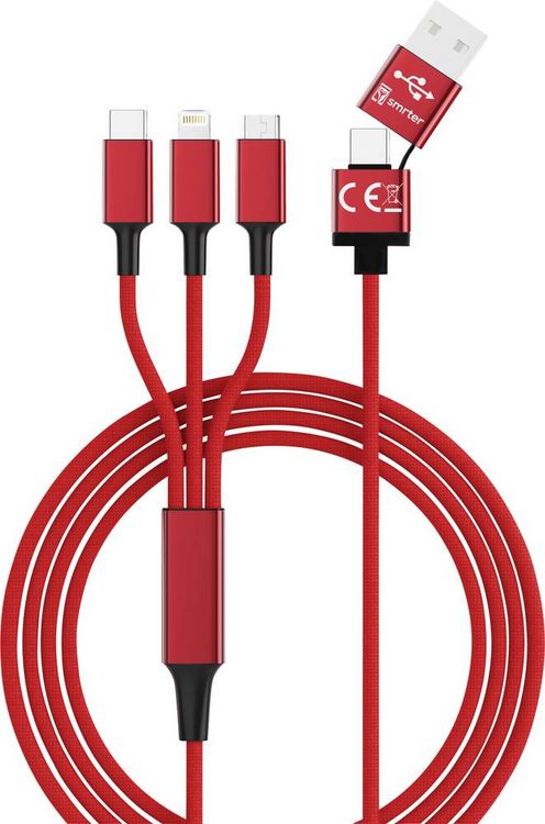 Produktbild: Smrter USB-Ladekabel USB 2.0 USB-A Stecker, USB-C&reg; Stecker, Apple Lightning Stecker, USB-Micro-B Stecker 1.20 m Rot SMRTER_HYDRA_ULT_RD