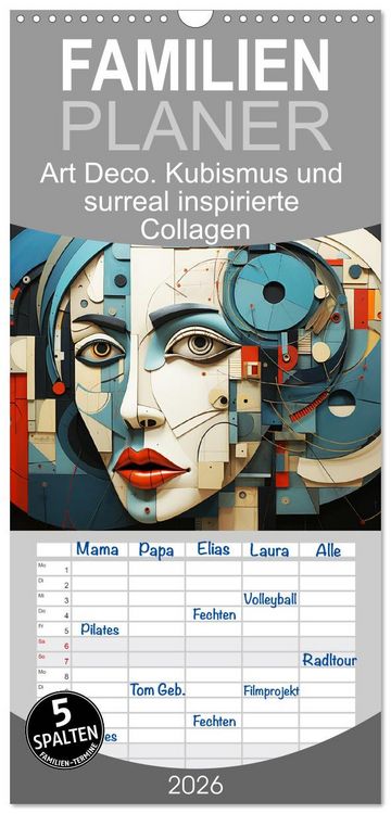 Produktbild: Familienplaner 2026 - Art Deco. Kubismus und surreal inspirierte Collagen mit 5 Spalten (Wandkalender, 21 x 45 cm) CALVENDO