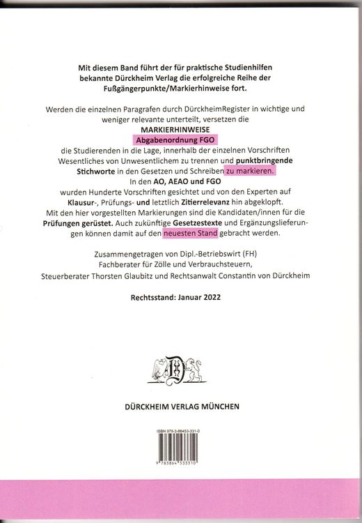 Produktbild: ABGABENORDNUNG & FGO D&uuml;rckheim-Markierhinweise/Fu&szlig;g&auml;ngerpunkte f&uuml;r das Steuerberaterexamen: D&uuml;rckheim'sche Markierhinweise