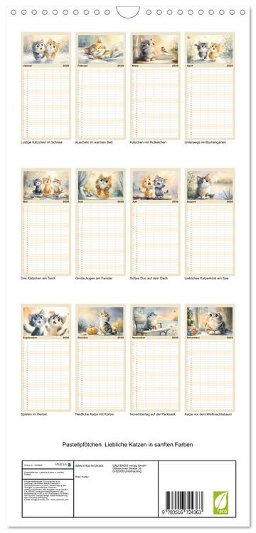 Produktbild: Familienplaner 2026 - Pastellpf&ouml;tchen. Liebliche Katzen in sanften Farben mit 5 Spalten (Wandkalender, 21 x 45 cm) CALVENDO