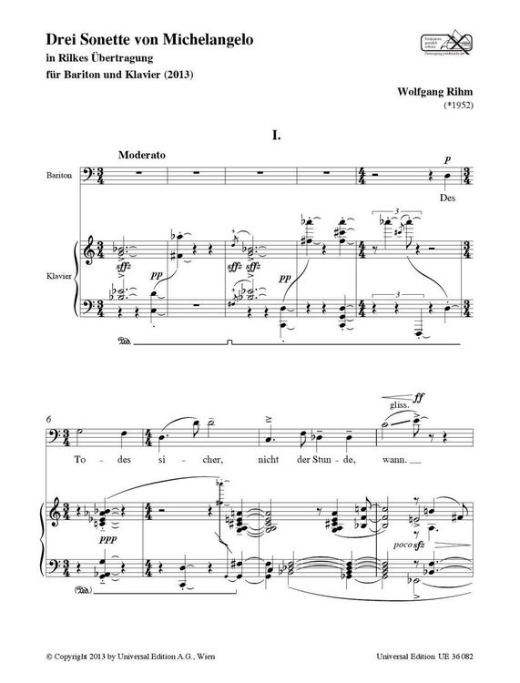 Produktbild: Rihm: Drei Sonette von Michelangelo f&uuml;r Bariton und Klavier