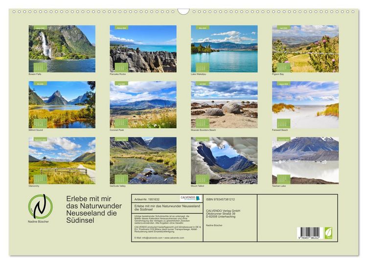 Produktbild: Erlebe mit mir das Naturwunder Neuseeland die S&uuml;dinsel (Wandkalender 2026 DIN A2 quer), CALVENDO Monatskalender