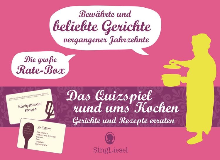 Produktbild: Das gro&szlig;e Quiz-Spiel rund ums Kochen f&uuml;r Senioren. Das Spiel rund um bekannte Gerichte fr&uuml;herer Tage f&uuml;r Senioren. Auch mit Demenz. Spiele Box mit 100 Karten.