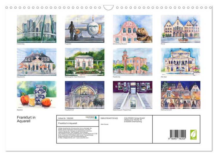 Produktbild: Frankfurt in Aquarell (Wandkalender 2026 DIN A3 quer), CALVENDO Monatskalender