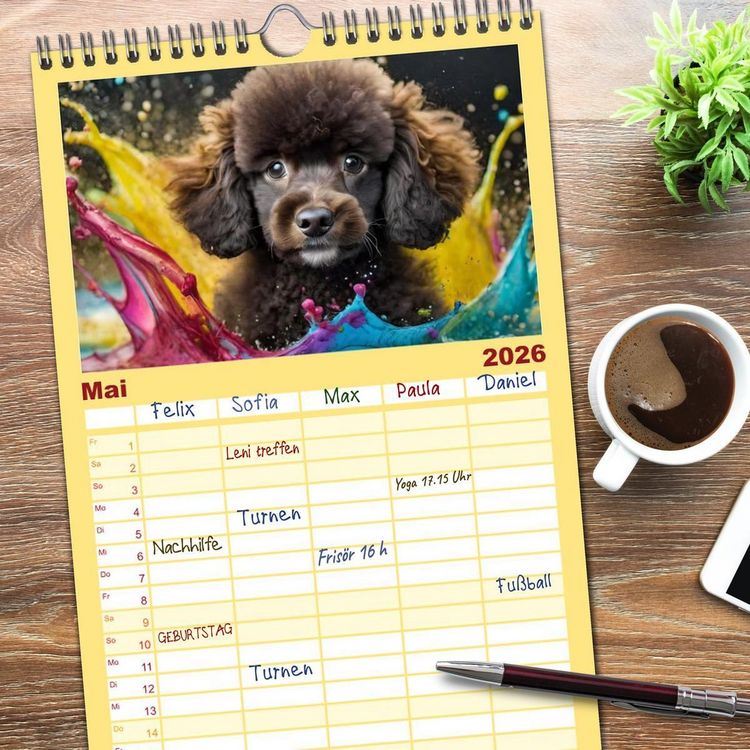 Produktbild: Familienplaner 2026 - Splash - Hunde im Farbrausch mit 5 Spalten (Wandkalender, 21 x 45 cm) CALVENDO