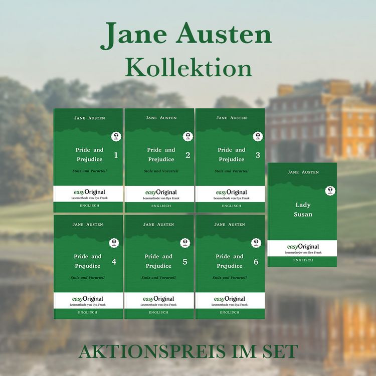 Jane Austen Geschenkset - 7 Bücher (Softcover + Audio-Online) + Eleganz der Natur Schreibset Premium