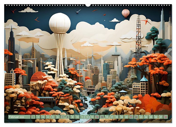Produktbild: Papierschicktkunst - farbenfohe St&auml;dte (hochwertiger Premium Wandkalender 2026 DIN A2 quer), Kunstdruck in Hochglanz