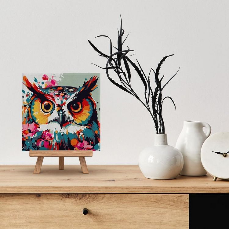 Produktbild: FiguredArt SFA112-Y - Mini Malen nach Zahlen, Fantasie Eule mit Blumen, Leinwand-Keilrahmen 20x20cm, DIY Bastelset, Paint by Numbers