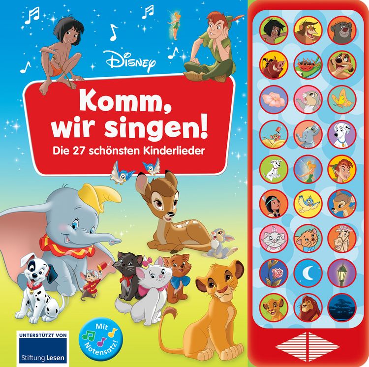 Produktbild: Disney - Komm, wir singen! Die 27 sch&ouml;nsten Kinderlieder - 27-Button-Soundbuch - Liederbuch mit Noten zum Mitsingen