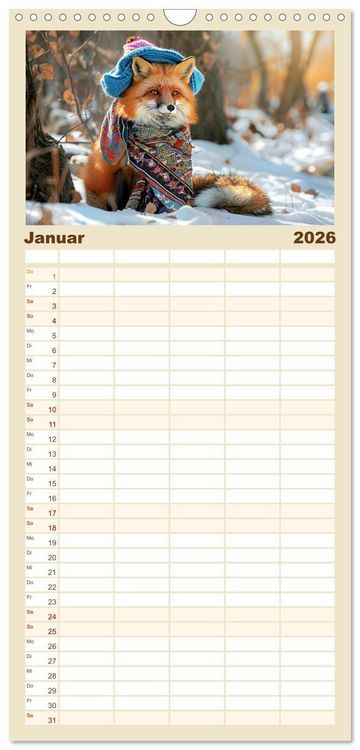 Produktbild: Familienplaner 2026 - Fuchsige Eskapaden. Reineke mit noblen Accessoires mit 5 Spalten (Wandkalender, 21 x 45 cm) CALVENDO