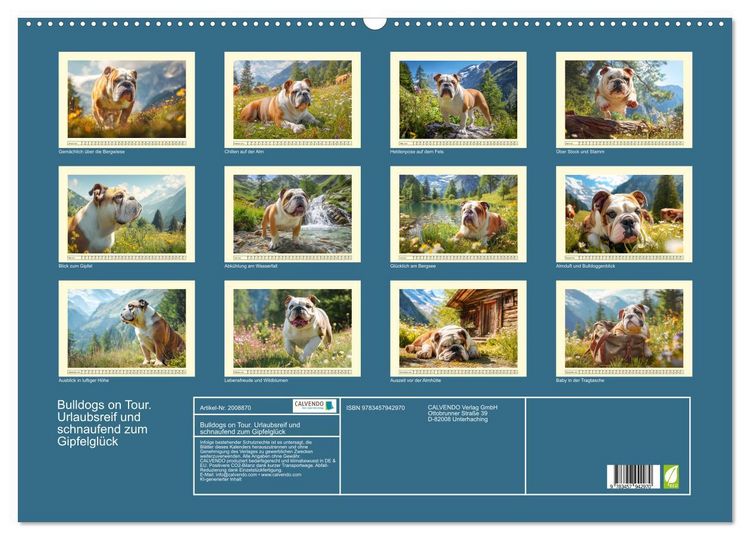 Produktbild: Bulldogs on Tour. Urlaubsreif und schnaufend zum Gipfelgl&uuml;ck (Wandkalender 2026 DIN A2 quer), CALVENDO Monatskalender