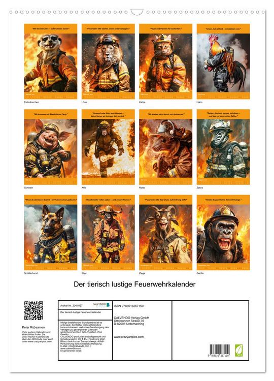 Produktbild: Der tierisch lustige Feuerwehrkalender (Wandkalender 2026 DIN A2 hoch), CALVENDO Monatskalender