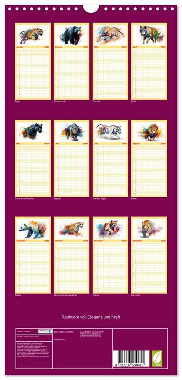Produktbild: Familienplaner 2026 - Raubtiere voll Eleganz und Kraft mit 5 Spalten (Wandkalender, 21 x 45 cm) CALVENDO
