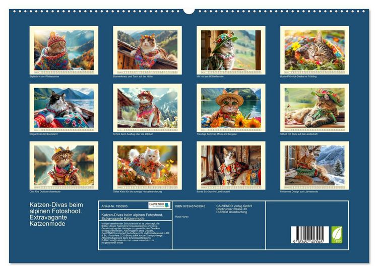 Produktbild: Katzen-Divas beim alpinen Fotoshoot. Extravagante Katzenmode (hochwertiger Premium Wandkalender 2026 DIN A2 quer), Kunstdruck in Hochglanz