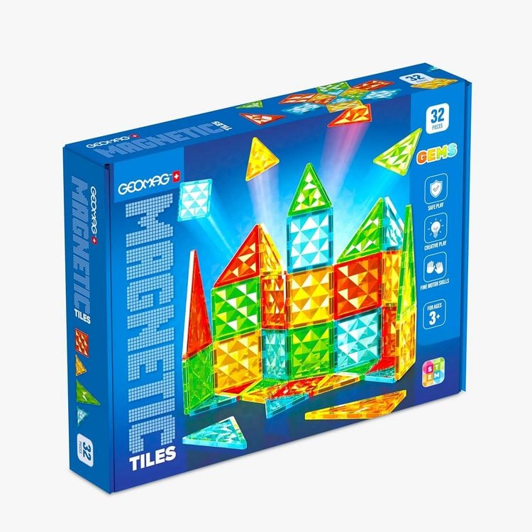 Produktbild: Geomag 507101 - Geomag Magnetic Tiles Gems 32, 2D/3D Konstruktion, Lernspielzeug