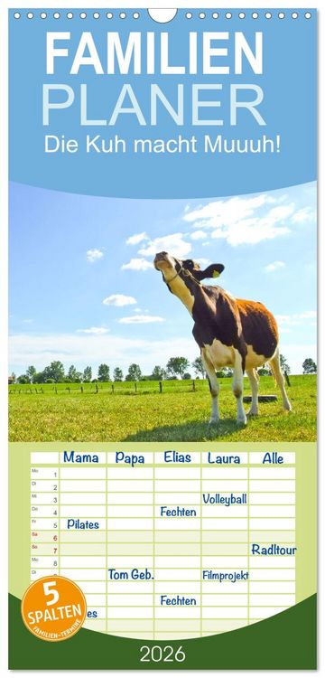 Produktbild: Familienplaner 2026 - Die Kuh macht Muuuh! mit 5 Spalten (Wandkalender, 21 x 45 cm) CALVENDO