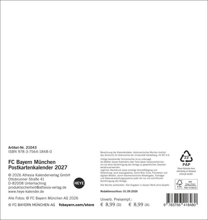 Produktbild: FC Bayern M&uuml;nchen Postkartenkalender 2027