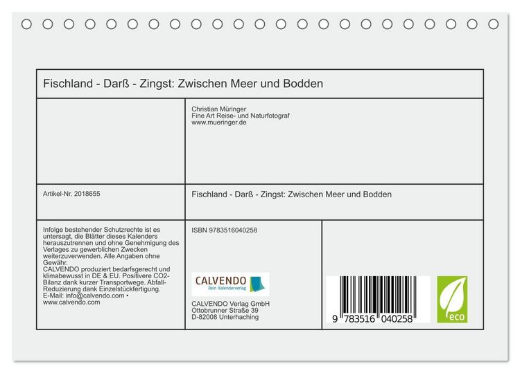 Produktbild: Fischland - Dar&szlig; - Zingst: Zwischen Meer und Bodden (Tischkalender 2026 DIN A5 quer), CALVENDO Monatskalender