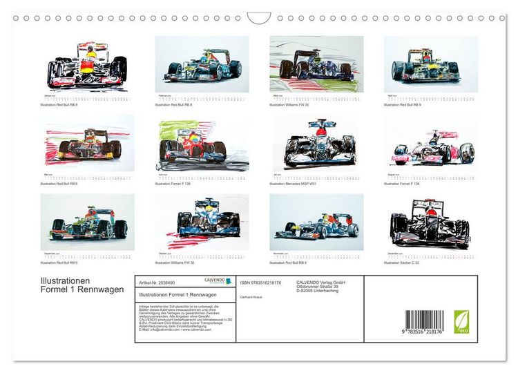 Produktbild: Illustrationen Formel 1 Rennwagen (Wandkalender 2026 DIN A3 quer), CALVENDO Monatskalender