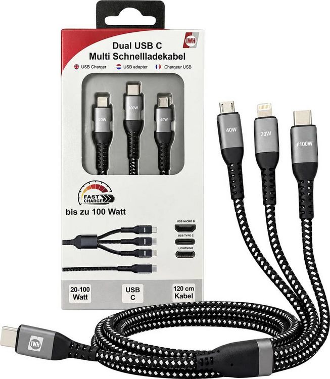 Produktbild: IWH USB-Ladekabel USB-C&reg;, USB-Micro-A Buchse, Apple Lightning Stecker 1.20m 019057