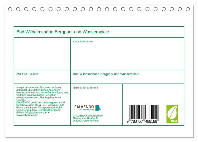 Produktbild: Bad Wilhelmsh&ouml;he Bergpark und Wasserspiele (Tischkalender 2026 DIN A5 quer), CALVENDO Monatskalender