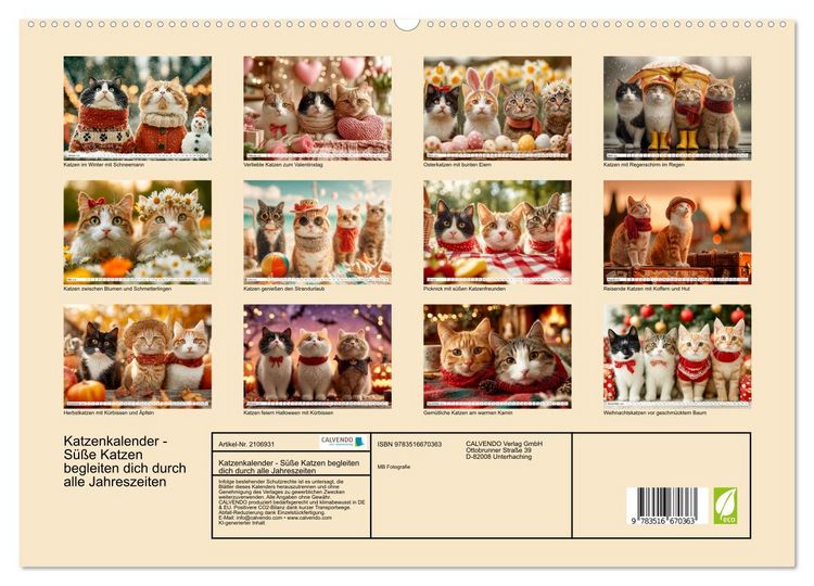 Produktbild: Katzenkalender - S&uuml;&szlig;e Katzen begleiten dich durch alle Jahreszeiten (hochwertiger Premium Wandkalender 2026 DIN A2 quer), Kunstdruck in Hochglanz
