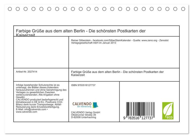 Produktbild: Farbige Gr&uuml;&szlig;e aus dem alten Berlin - Die sch&ouml;nsten Postkarten der Kaiserzeit (Tischkalender 2026 DIN A5 quer), CALVENDO Monatskalender