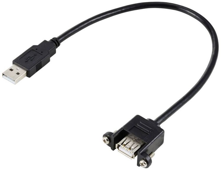 Produktbild: Renkforce USB-Kabel USB 2.0 USB-A Stecker, USB-A Buchse 0.25 m Schwarz f&uuml;r Einbau, schraubbar RF-5720402