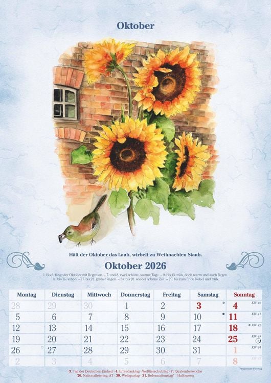 Produktbild: 100-jähriger Kalender 2026 - Bildkalender A3 (29,7x42 cm) - mit Feiertagen (DE/AT/CH) und Platz für Notizen - inkl. Bauernregeln - Wandkalender