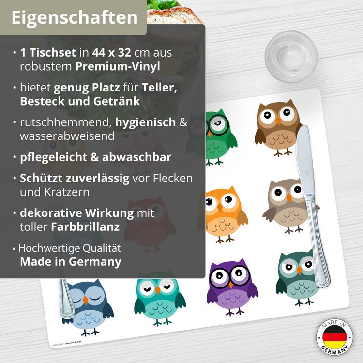 Produktbild: Tischsetmacher Tischset f&uuml;r Kinder Bunte Eulen, aus hochwertigem Vinyl , 44 x 32 cm