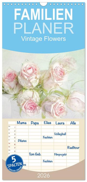 Produktbild: Familienplaner 2026 - Vintage Flowers mit 5 Spalten (Wandkalender, 21 x 45 cm) CALVENDO
