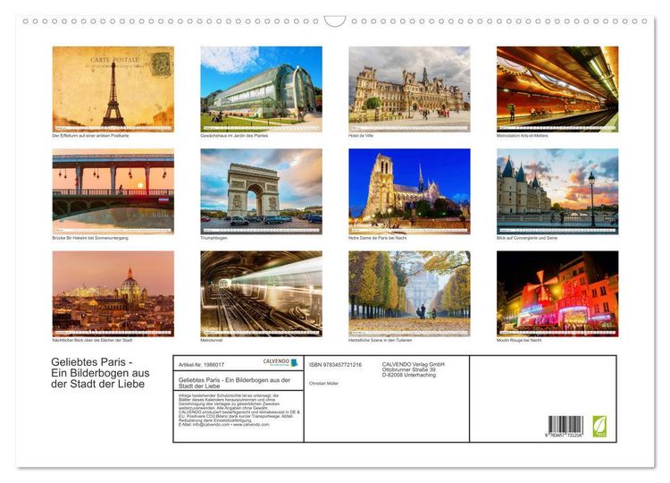 Produktbild: Geliebtes Paris - Ein Bilderbogen aus der Stadt der Liebe (Wandkalender 2026 DIN A2 quer), CALVENDO Monatskalender