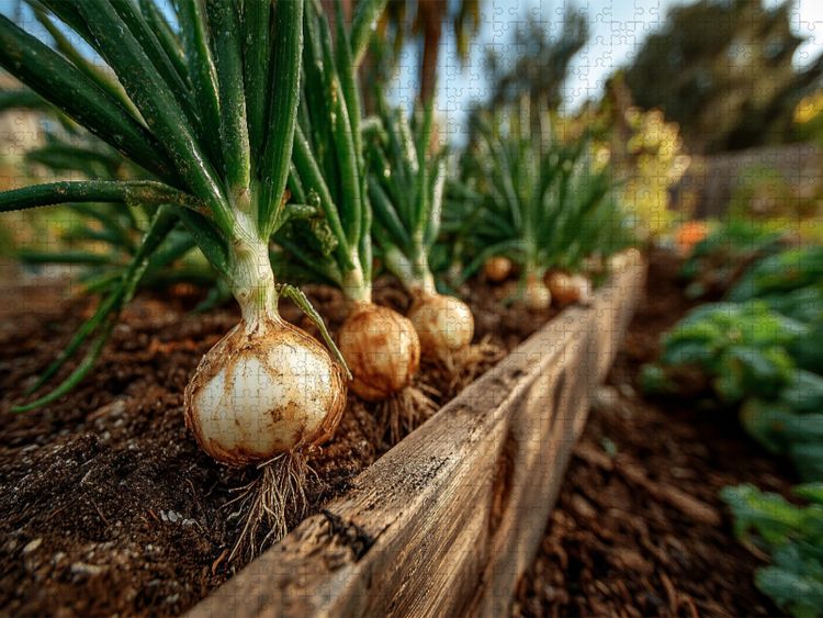 Produktbild: CALVENDO Puzzle Frische Zwiebeln wachsen im Gartenbeet | 1000 Teile Lege-Gr&ouml;&szlig;e 64x48cm Foto-Puzzle f&uuml;r gl&uuml;ckliche Stunden