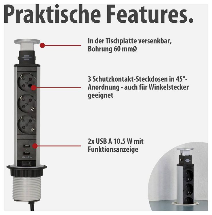 Produktbild: Brennenstuhl 1396200013 Steckdosenturm 3fach Aluminium, Schwarz Schutzkontakt 1 St.
