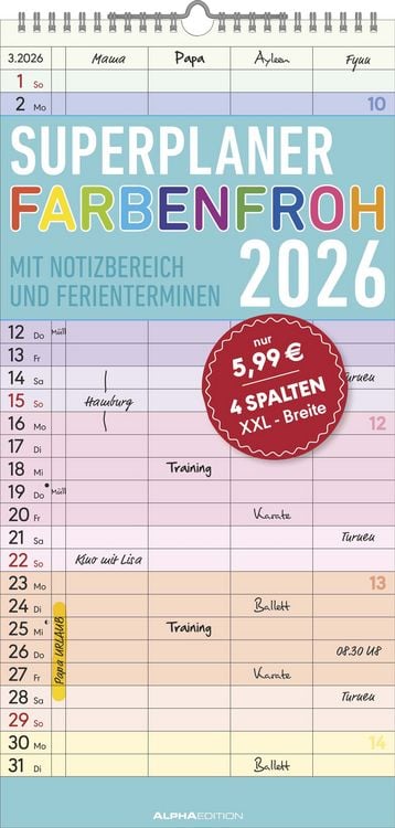 Produktbild: Superplaner Farbenfroh 2026 mit 4 Spalten - Familien-Timer 22x45 cm - Offset-Papier - mit Ferienterminen - Wand-Planer - Familienkalender - Alpha Edit