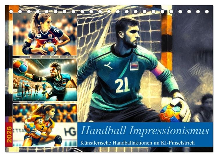 Produktbild: Handball Impressionismus, K&uuml;nstlerische Handballaktionen im KI-Pinselstrich (Tischkalender 2026 DIN A5 quer), CALVENDO Monatskalender