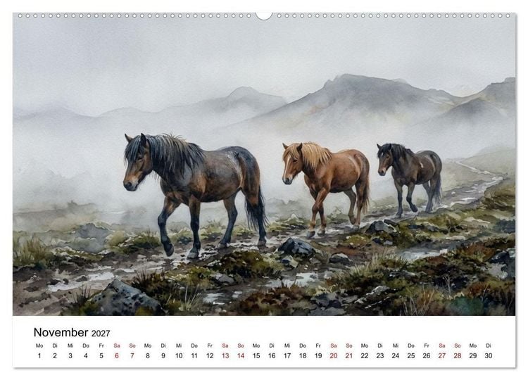 Produktbild: Magie der Islandpferde im Aquarellstil (hochwertiger Premium Wandkalender 2027 DIN A2 quer), Kunstdruck in Hochglanz