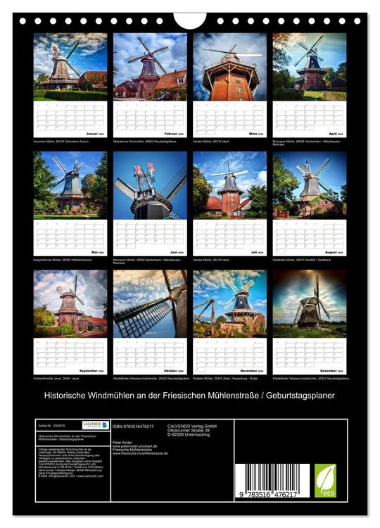 Produktbild: Historische Windm&uuml;hlen an der Friesischen M&uuml;hlenstra&szlig;e / Geburtstagsplaner (Wandkalender 2026 DIN A4 hoch), CALVENDO Monatskalender