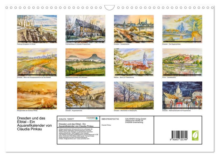 Produktbild: Dresden und das Elbtal - Ein Aquarellkalender von Claudia Pinkau (Wandkalender 2026 DIN A3 quer), CALVENDO Monatskalender