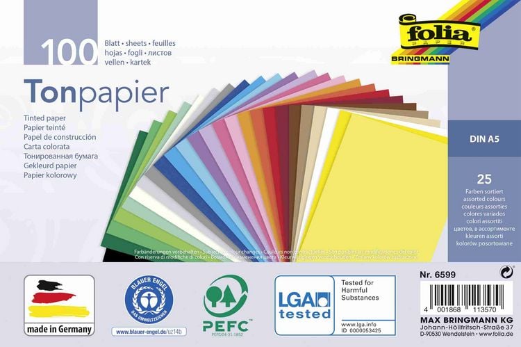 Produktbild: Folia  Tonpapier, DIN A5, 100 Blatt in 25 Farben sortiert
