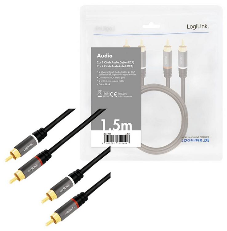 Produktbild: LogiLink CA1203 Cinch Audio Anschlusskabel 1.5m Schwarz Geschirmt, Farbcodiert