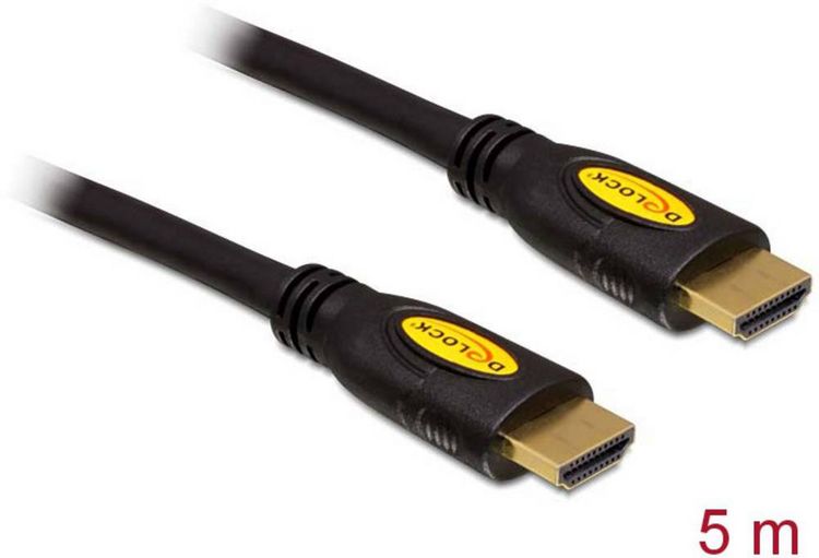 Produktbild: Delock HDMI Anschlusskabel HDMI-A Stecker, HDMI-A Stecker 5.00 m Schwarz 82455 4K UHD, vergoldete Steckkontakte HDMI-Kabel