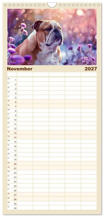 Produktbild: Familienplaner 2027 - Englische Bulldoggen im Bl&uuml;tenmeer mit 5 Spalten (Wandkalender, 21 x 45 cm) CALVENDO